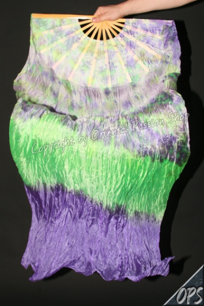 deluxe Schleierfächerpaar, lila-neongrün-weiss, Batikmuster